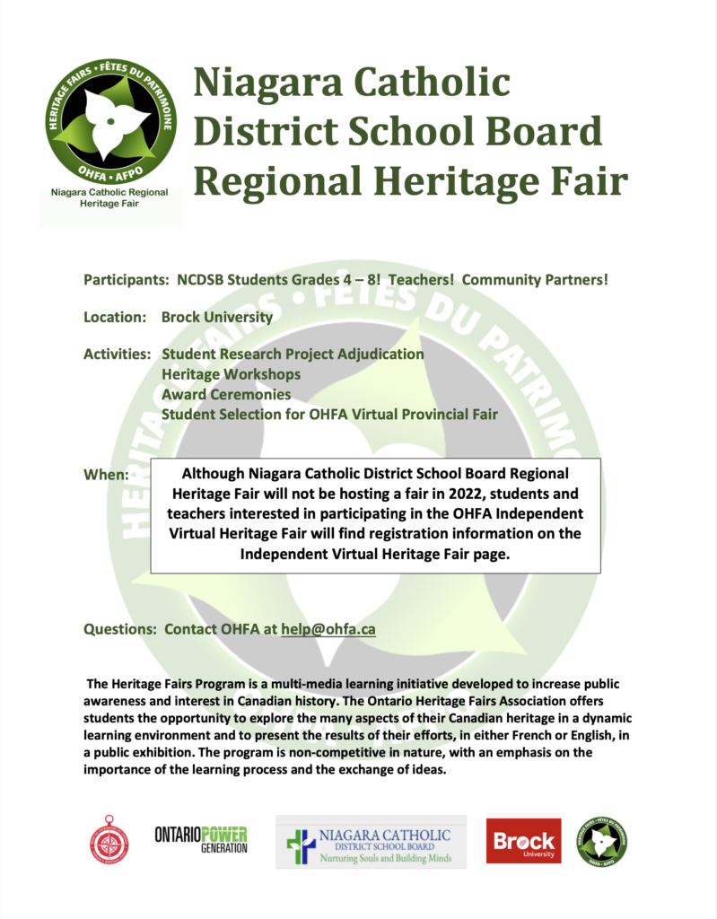 Niagara Catholic District School Board Regional Fair Ontario Heritage